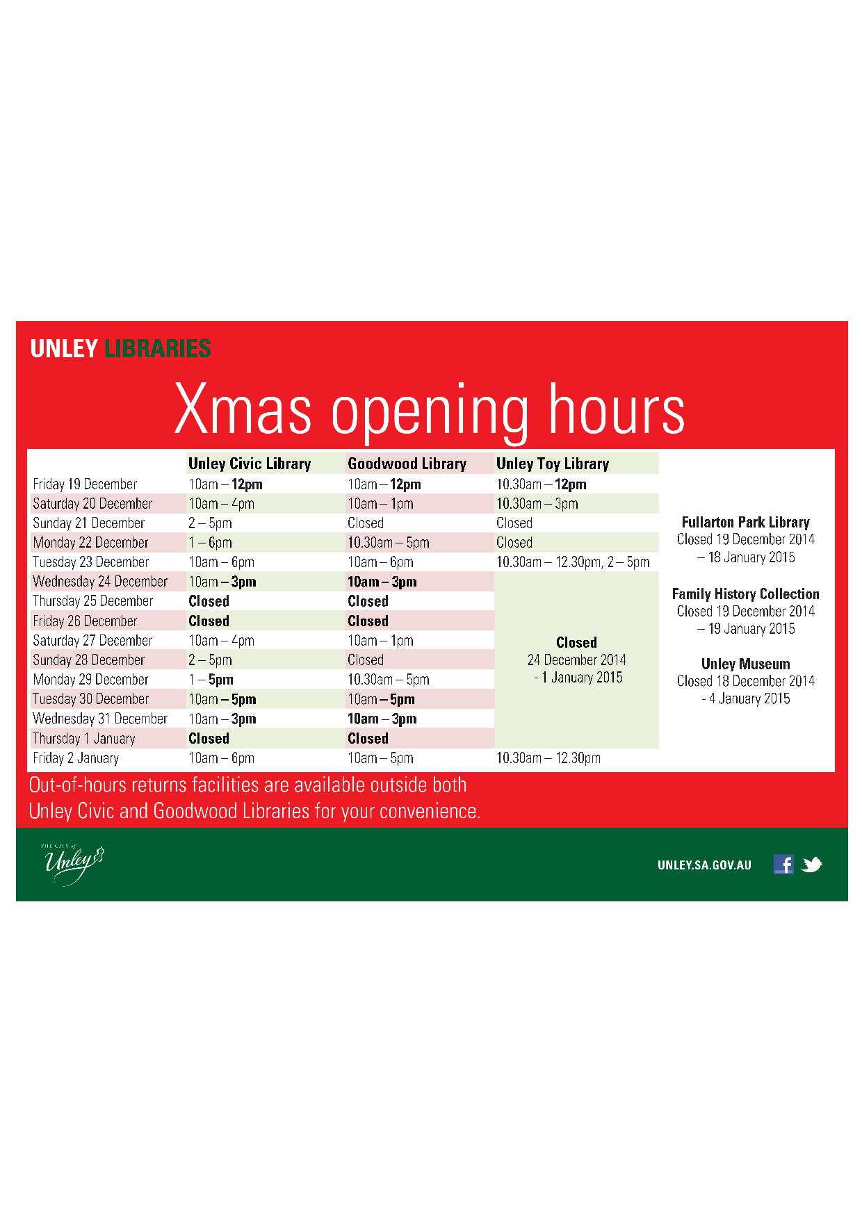 Unley Libraries Xmas Hours 2014